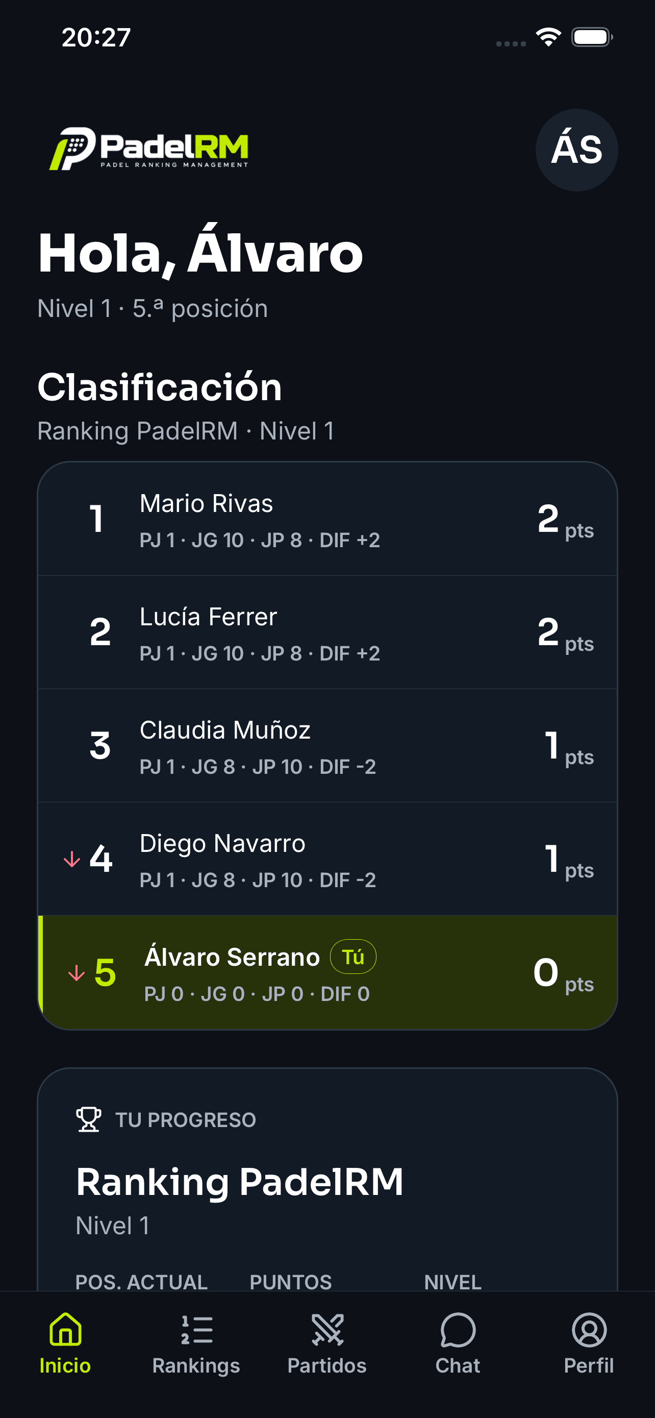 Inicio de la app PadelRM con la clasificación del jugador