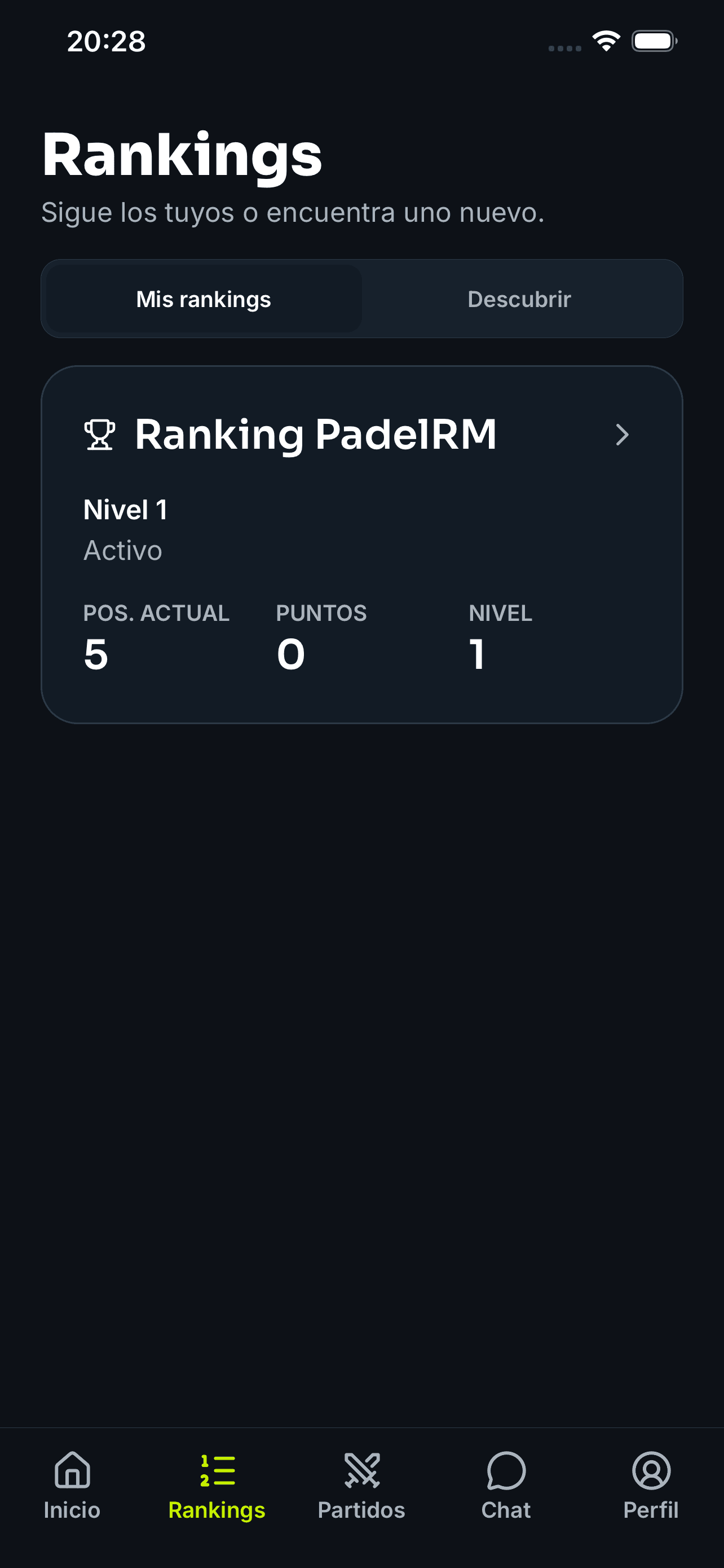 Rankings del jugador en la app PadelRM